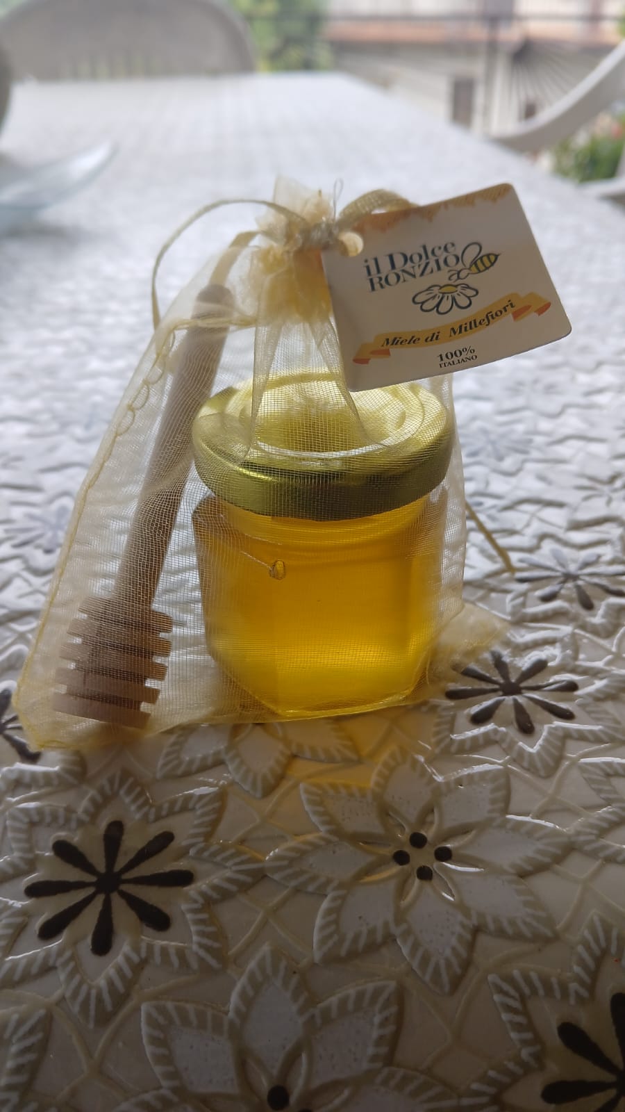 Mini vasetto di miele millefiori in sacchetto di organza con cartellino Il Dolce Ronzio